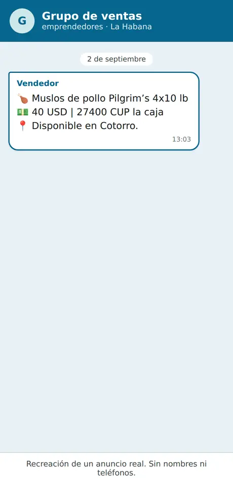 Recreación de un anuncio real en un grupo de ventas: un globo de chat con el texto de la oferta.