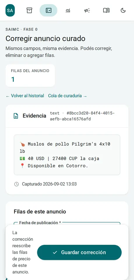 El mismo anuncio en la herramienta de Guani, en la tarjeta «Evidencia», con su texto intacto.
