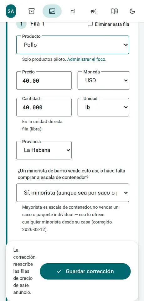 Los campos extraídos: producto Pollo, precio 40.00 USD, cantidad 40 lb, provincia La Habana.
