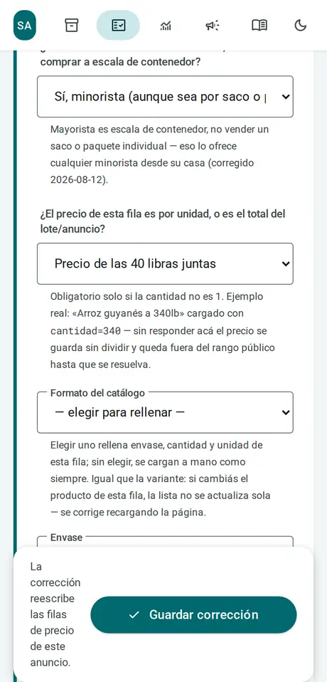 Las preguntas que responde la persona que verifica el anuncio, con el botón «Guardar corrección».